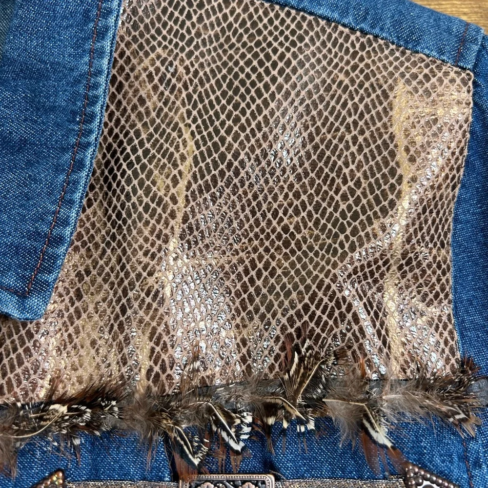 VTG 90s Nancy Bolen Western Boho Denim Shacket Snake Print Feather Trim Sz 18‎